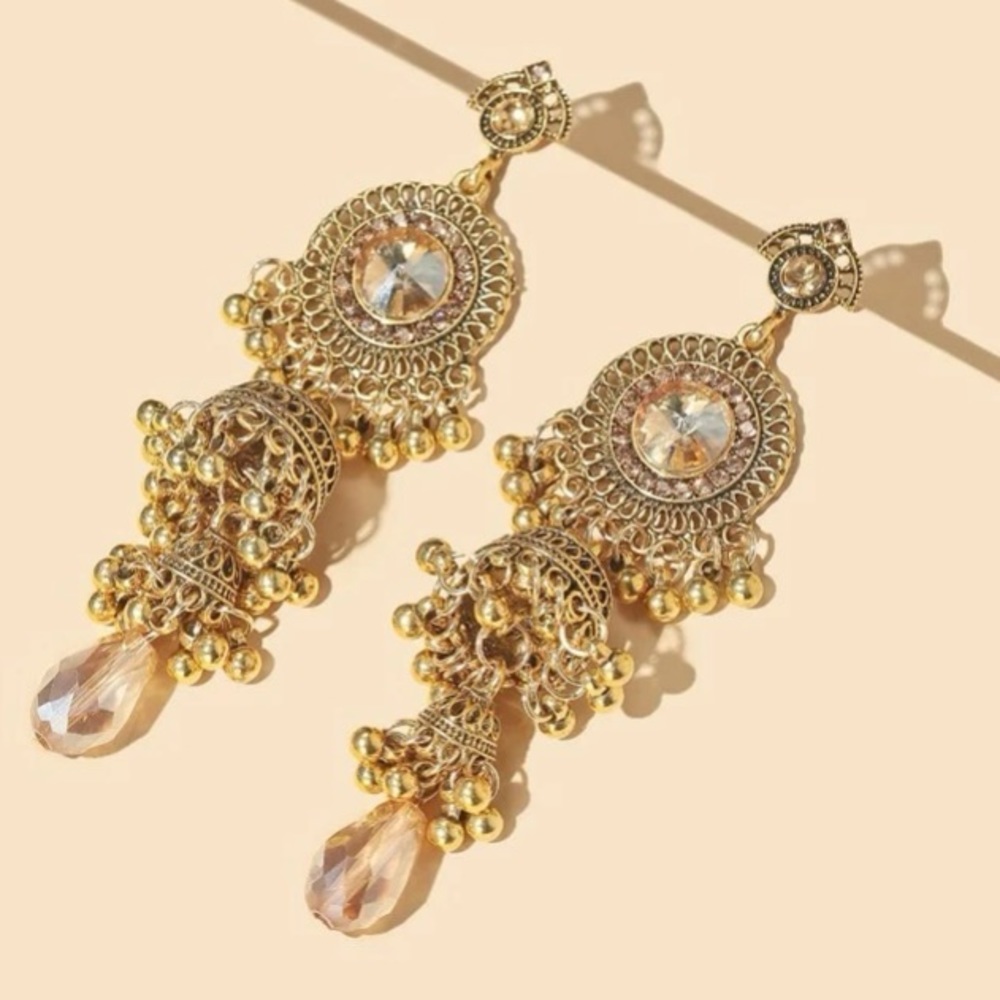 Golden Gilded Goddess Exotic Jhumka Ball Linear Statement Linear Dangle … - Picture 2 of 8